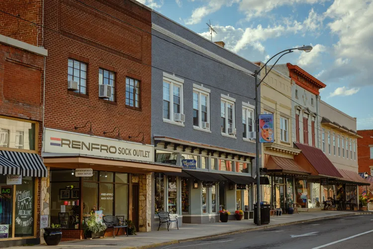 Storefronts along Main Street in Mount Airy.