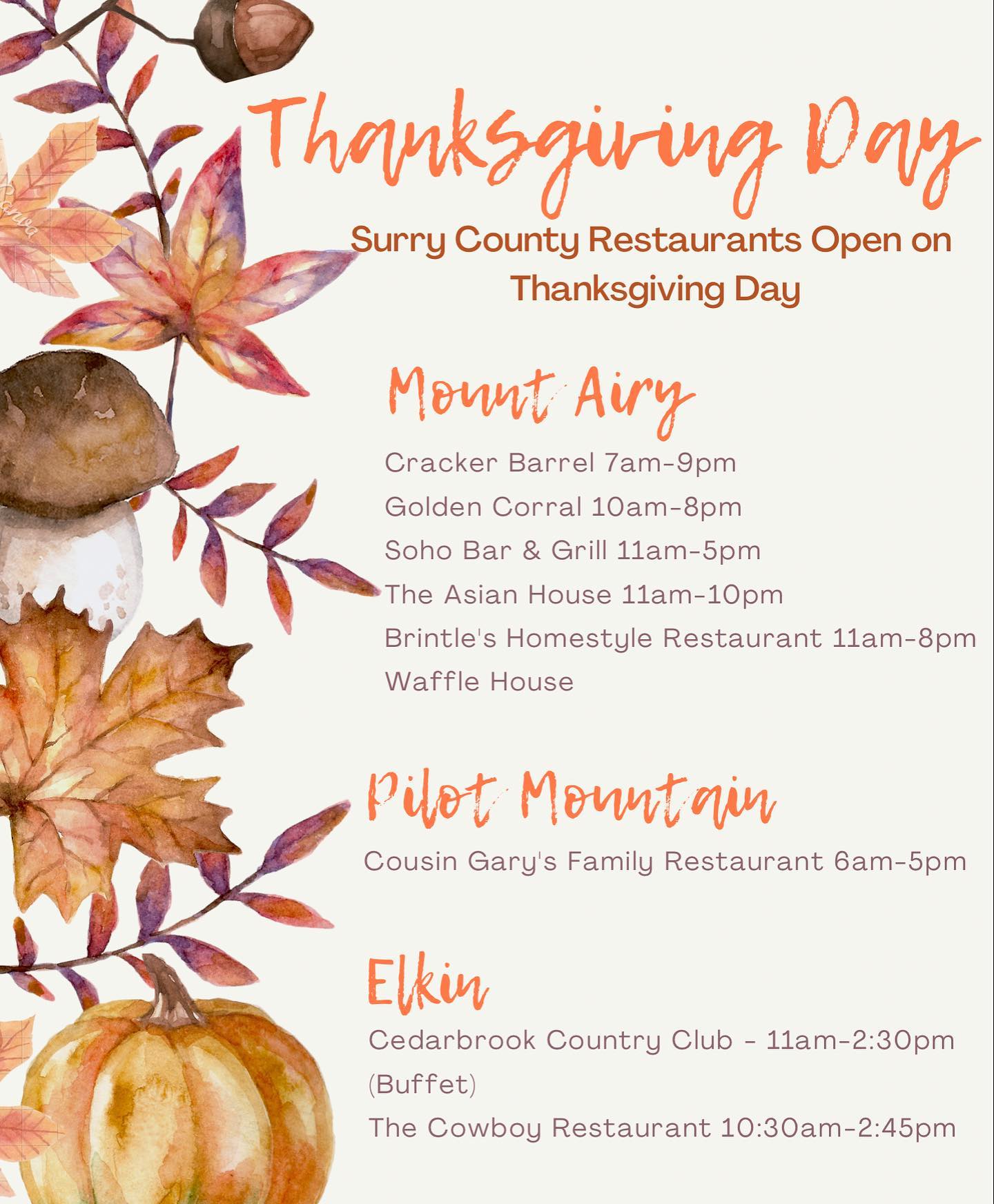 Restaurant Guide on Thanksgiving | Mayberry, NC